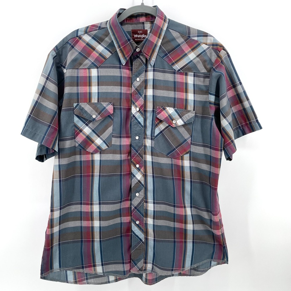 Wrangler Pearl Snap Shirt Men L Red Black Gray Plaid Western Cowboy Short Sleeve